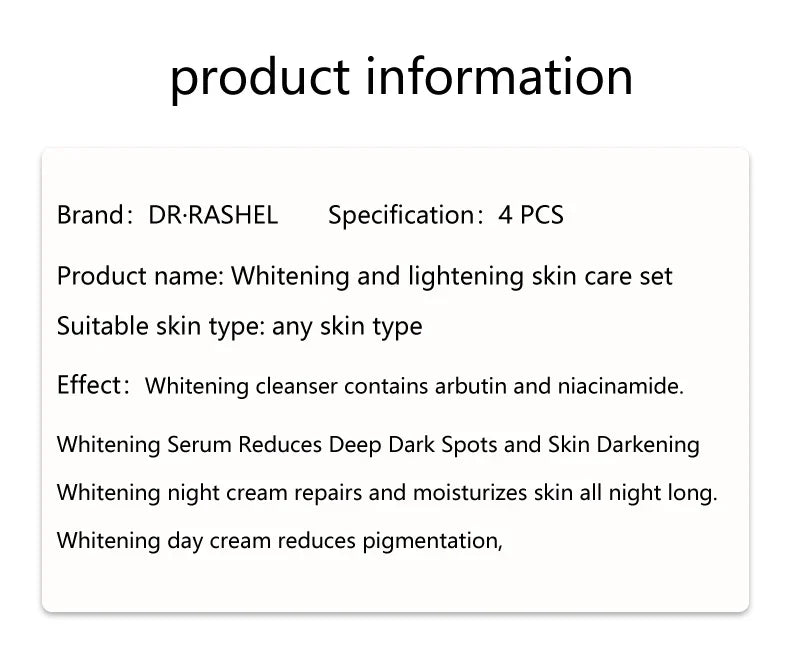 DR RASHEL Facial Cleanser Cream Serum Arbutin Niacinamide Dark Spots Removal Whitening Skin Care Face Set Kit 4 Pieces