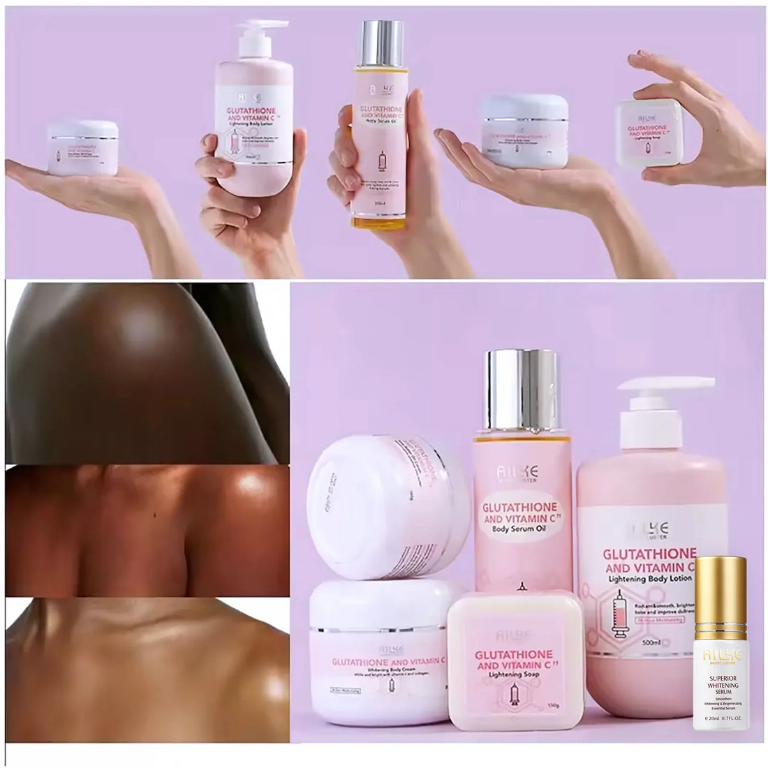 AILKE Glutathione & Vitamin C Kit,With Whitening Lotion,Moisturizing Cream,Lightening Soap, Spa Oil,Glowing Body Cream,Gift Set