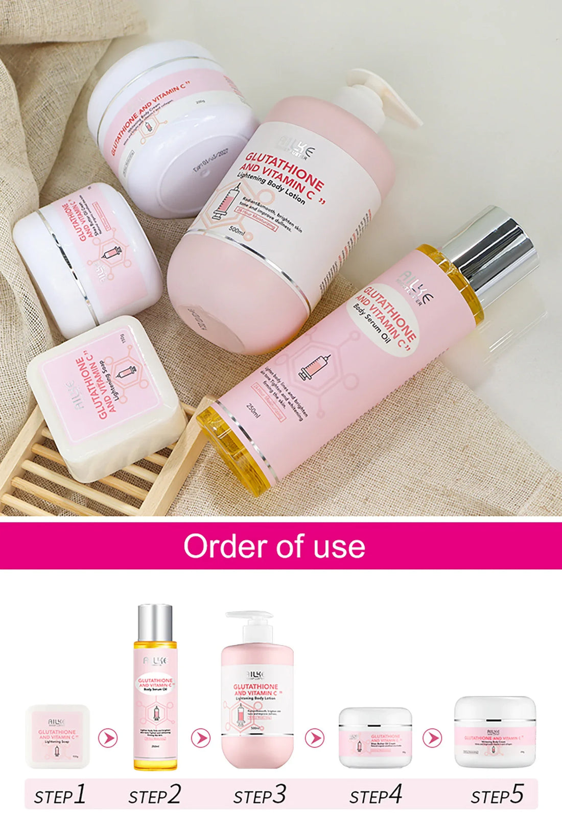 AILKE Glutathione & Vitamin C Kit,With Whitening Lotion,Moisturizing Cream,Lightening Soap, Spa Oil,Glowing Body Cream,Gift Set