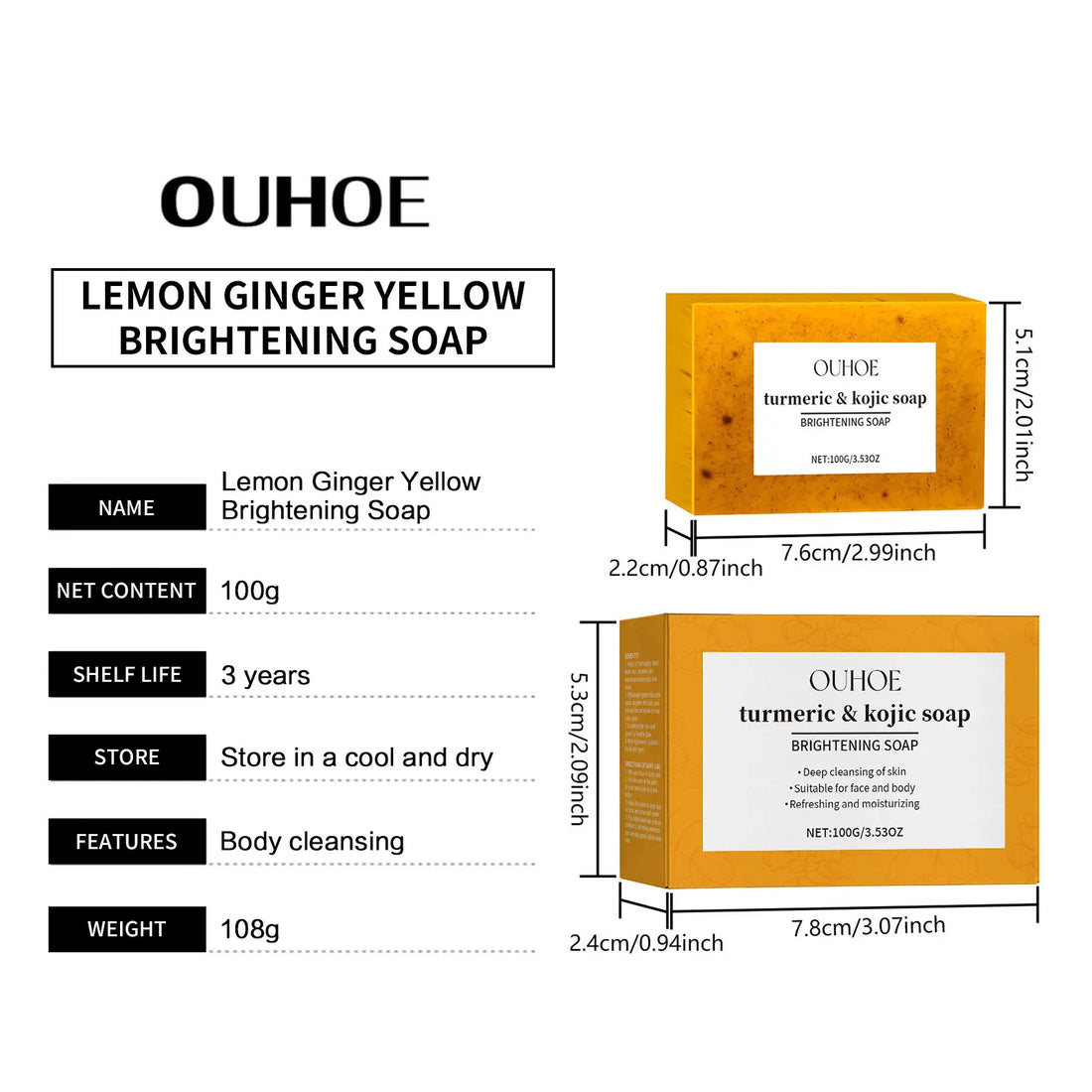 OUHOE Kojic Acid Turmeric Soap Face Deep Cleaning Even Skin Tone Skin Lightening Soap Moisturizer Skin Care Handmade Lemon Soap