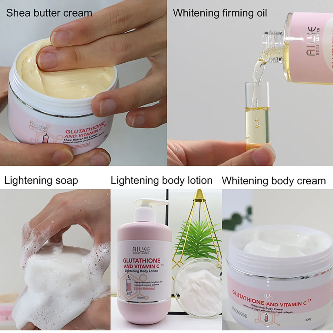 AILKE Glutathione & Vitamin C Kit,With Whitening Lotion,Moisturizing Cream,Lightening Soap, Spa Oil,Glowing Body Cream,Gift Set