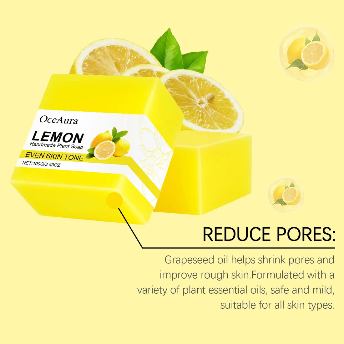 OCEAURA Luxury Lemon Handmade Essential Oil Soap Bar - Gentle Skin Cleansing Moisturizing & Brightening 3.35 OZ